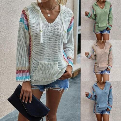 Winter Autumn New Fashion Oversize V-neck Women Long Sleeves V Neck Pullover Color-matching Knit Hoodie Sweater Loose Blouses