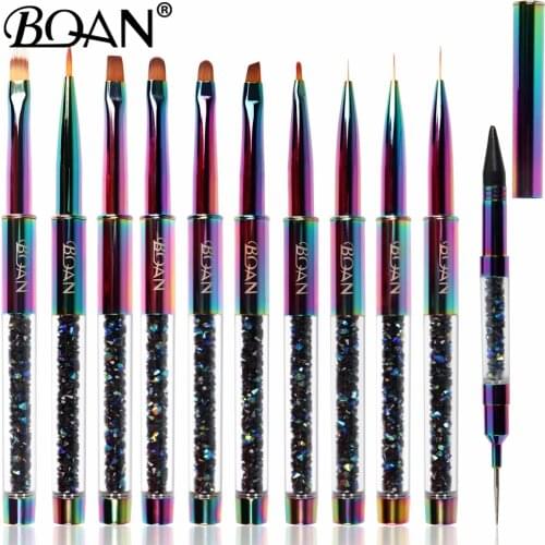 BQAN 11pcs Rainbow Nail Brush Nail Art Brush Line Painting Brushes Crystal Acrylic Thin Liner Drawing Pen Manicure Tools UV Gel