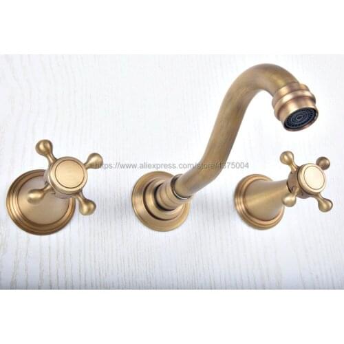 Bathroom Basin Faucets Wall Mounted 3 Pcs Antique Brass Faucet Dual Handle Bathroom Faucet Nsf513