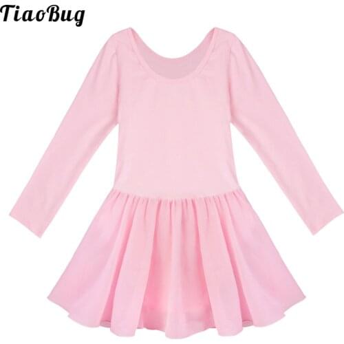 TiaoBug Kids Girls Long Sleeve Ballet Dancer Leotard Chiffon Dress Pure Color Stage Costume