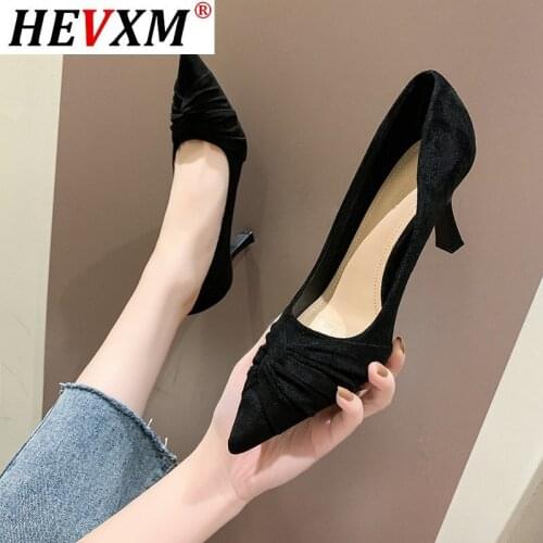 Pumps Women Shoes 34 Size Flock Shoes Woman Black Heels Fetish Women Dark Green Heels Womans Stilleto Shoes Scarpe Tacco 7 CM