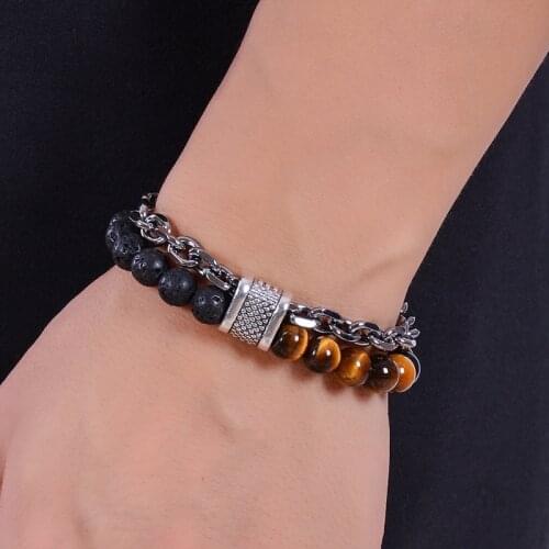 High sense natural tigers eye stone beaded bracelet mens stainless steel metal bracelet jewelry