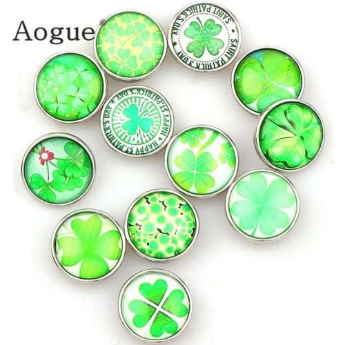Factory 12pcs High Quality 18mm Light Green Four Leaf Clover Glass Metal Snap buttons DIY Snap Charms Jewelry Bracelet&Bangle