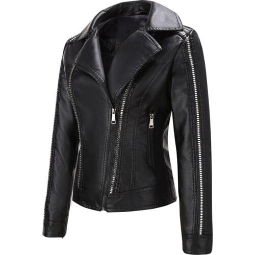 Female 2019 New Design Spring Autumn PU Leather Jacket Faux Soft Leather Coat Slim Black Rivet Zipper Motorcycle Pink Jackets