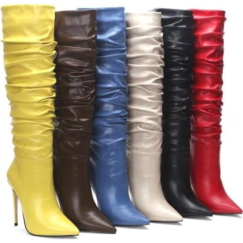 Womens Pointed Toe High Heels Knee High Boots Wrinkle Slouch Pleated Winter Female Shoes Outdoor Fashion Winter Boots Aimirlly