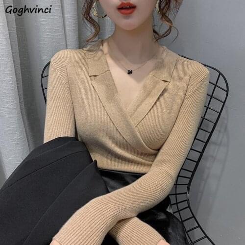 Pullovers Women Knitted V-neck Sexy Office Ladies All-match Elegant Simple Plus Size 3XL Slim Leisure Korean Fashion Skinny Ins