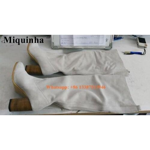 High Quality Women Fashion Suede Leather Knee High Thick Heel Boots Zipper-up Square Heel Long Boots Real Pictures
