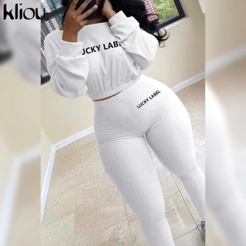 Kliou Biker Style Two Piece Set Women Simple Casual Solid Knitted Long Sleeve O-Neck Top+Letter Print Sporty Active Female Pants