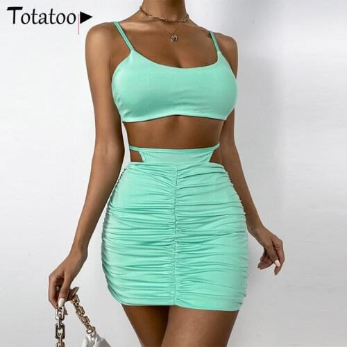 Totatoop Strap Camis Crop Top And Hollow Out Ruched Bodycon Skirt Women Outfit Two Piece Set 2021 Summer Club Party Sexy Sets