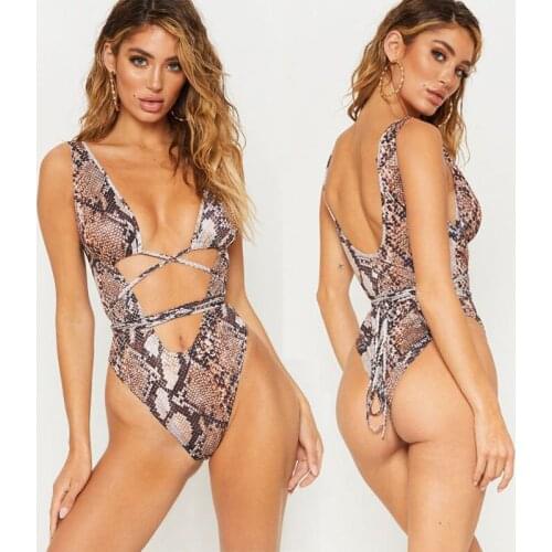 2019 Women One Piece Swimsuit Summer Monokini Push Up Padded Snakeskin Leopard Swimwear Bandage Beachwear Bathing Swimming Suit