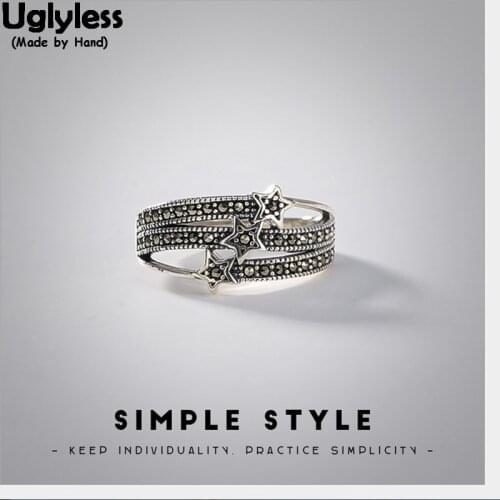 Uglyless 100% Real Solid 925 Sterling Silver Handmade Stars Open Rings for Women Simple Marcasite Finger Ring Korea Fine Jewelry