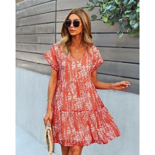 2021 Summer Floral Printed Holiday Wommen Dress Sex V Neck Short Sleeve A Line Perfectly Flaunt A Kind Of Pure Sweet Style Dress