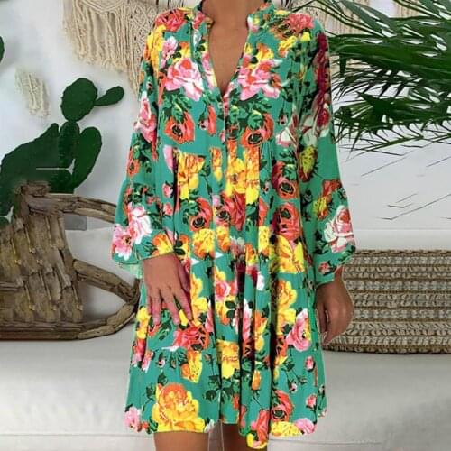 Women Summer Floral Print Ruffles Hem Dress Boho Style Three Quarter Sleeve VNeck Floral Print Chiffo Tunic Loose Mini Dress2021