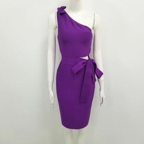2021 New Purple Tie Belt Summer Women Sexy Celebrity Evening Bodycon Party One Shoulder Slim Club Midi Bandage Dress
