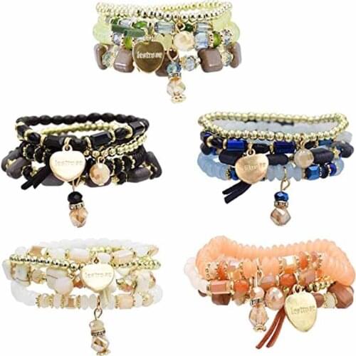 5Sets/lot Ladies Charm Bracelet Wrist Jewelry Multi Colored Beads Handmade Love Charms Bracelets For Women Boho pulseras