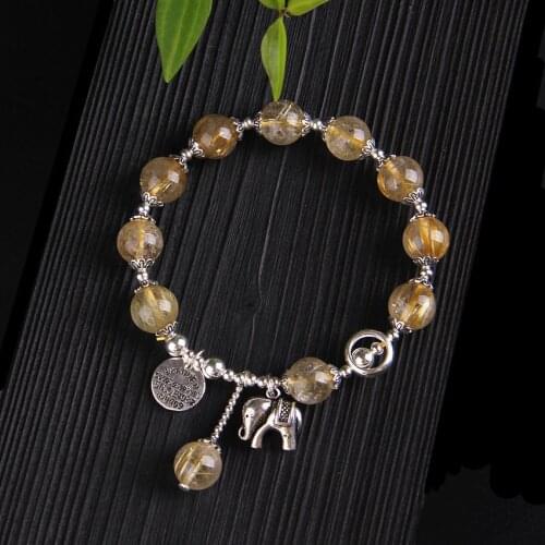 9mm Natural Stone Citrine Bead Bracelets Bangles Copper Plated Platinum Elephant Pendant Lucky Bracelet For Women Fine Jewelry