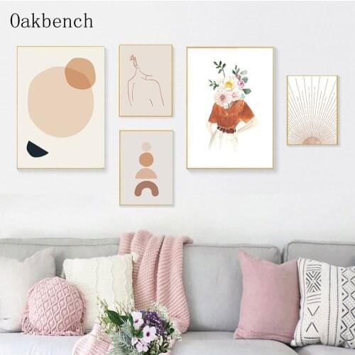 Abstract Flower Leaf Geometry Wall Art Canvas Paintings Boho Women Face Line Posters And Prints Pictures Living Room Decoration