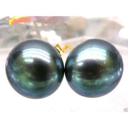 Free shipping HOT Perfect 10-11mm BLACK Peacock Green South Sea Pearl 14k/20 Gold Earrings