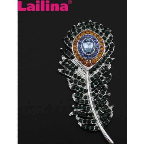 20pcs/lot New Fastion Sliver Tone Peacock Feather With Green Rhinestone Crystal Brooch Pin