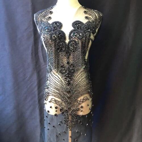 Black crystal bodice applique Luxury beaded sequins rhinestone applique heavy corset rhinestone beaded applique sewn DIY bride