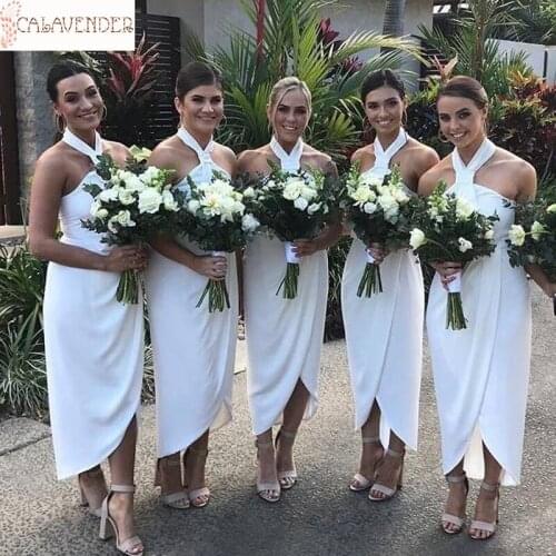 Long Jersey White Bridesmaid Dresses Halter Sheath vestido de noiva simples pra casamento civil Hi-Lo Wedding Party Dress