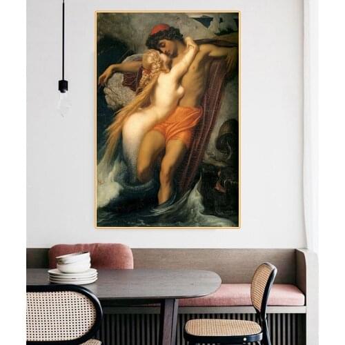 Citon Canvas Art Oil Painting Frederic Leighton《The Fisherman and the Siren》Art Poster Picture Modern Wall Decor Home Decoration