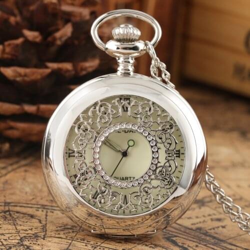 Classic Large Dial Pocket Watch for Men Hollow Out Closure Pocket Watches Natural Silver Necklace Chain Pendant Watch