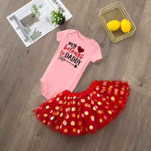 My Heart Belongs To Daddy Newborn Baby Girls Valentines Day Clothing Set Outfit Cute Rompers +Tutu Skirt Sets Family Party Wear