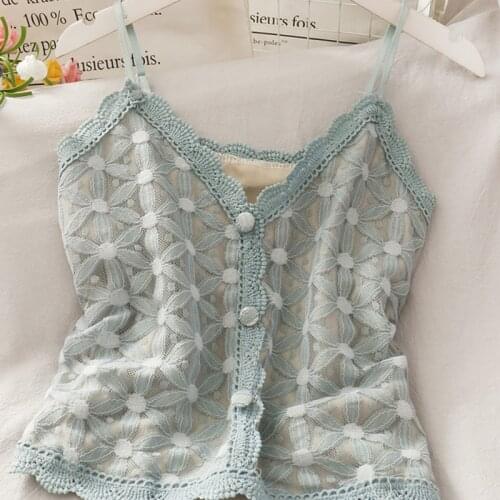 Korean Sling Camisoles Women Clothes Hollow Lace Stitching Dot Print Crop Tops Button Stitching Skinny Tank Top Female Camis