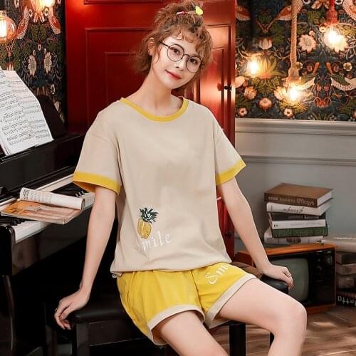 2021 Summer Short Sleeve Cotton Pajama Sets for Women Shorts Sleepwear Suit Pyjama Homewear Loungewear Pijama Mujer Home Clothes