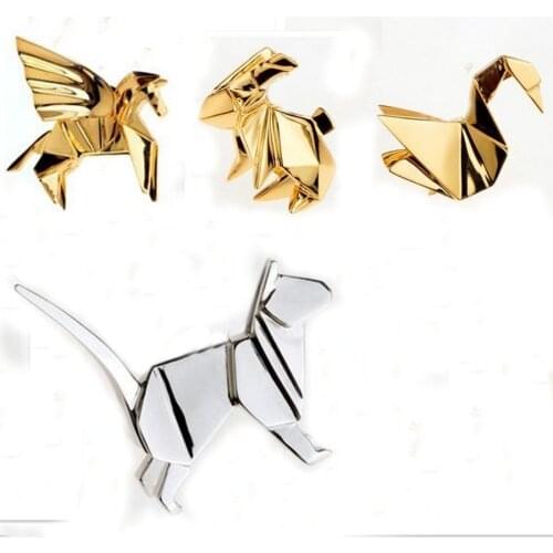 Fashion jewelry accessories metal paper folded flexagon origami animal unicorn rabbit crane cat brooch pin