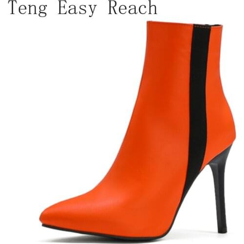 Fashion Womens Ankle Boots Sexy Pointed High Heels Short Boots Designer Orange Blue Party Shoes Lady Large 45 Boots High Heels