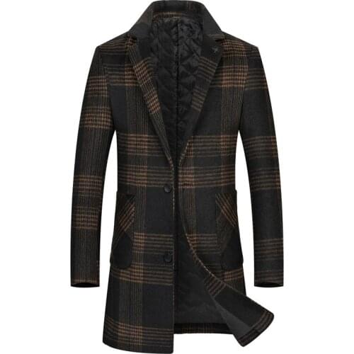 Winter Men Plaid Wool Coats New Mens Windproof Warm Thick Wool Windbreaker High Quality Long Coats Male MT019