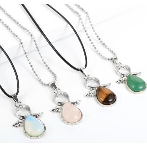 Natural Stones Angels Wings Pendant Necklace Pink Crystal Tiger Eye Stone Opal Angels Pendants For Women Female Friendship Gifts