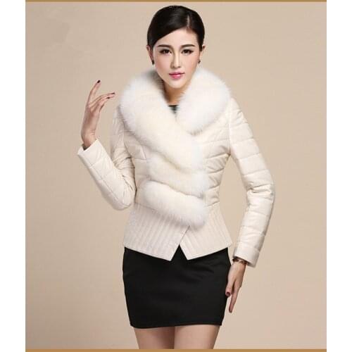 Down Cotton White Female Coat Autumn and Winter Faux Leather Jacket Women Large Fur Collar Parkas Chaqueta Mujer KJ538