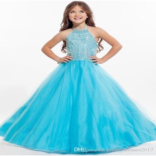 RACHEL ALLAN Girl Pageant Dresses Sky Red Girls Formal Dress A Line Halter Neck Sleeveless Aqua Red Floor Length Formal Wear