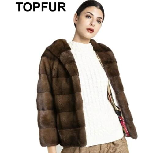 TOPFUR Brown Fur Coat With Hooded Real Fur Coat Women Winter Natural Mink Fur Coat Short Three Quarter Sleeves Loose Jacket