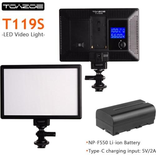 TOAZOE T119S LED Video Light Ultra-thin LCD Bi-Color Dimmable SLR Studio LED Lamp Panel & F550 Battery Type-C Charge f Camera DV