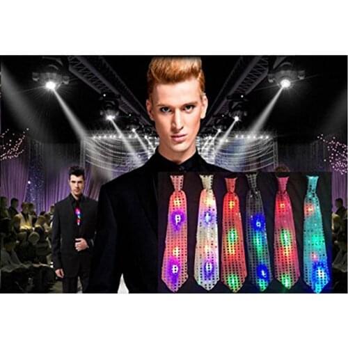 LED Sparkly Glitter Sequins Light Up Necktie Blinking Flash Glow Tie Party Show Favor Stage Performance Event Decoration