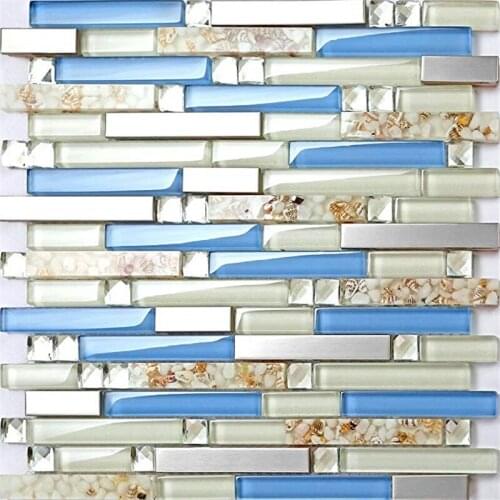 High quality long chip mosaic tile crystal glass mix resin sea shell and stainless steel metal mediterranean style wall tile