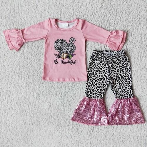 High Quality Kids Thanksgiving Day Outfit Girl Pink Color Top Match Stitching Sequin Pants Children Leopard Turkey Clothes