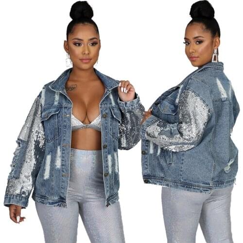Biker Style Womens Oversized Denim Jackets Hipster Turn Down Collar Long Sleeve Outwear Hip Hop Sequin Spliced Boyfriend Coat