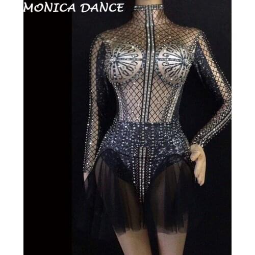 Women Sexy Silver Rhinestones Outfit Bodysuit Glisten Bodysuit Costume Birthday Celebrate Female Singer Dance Evening Bodysuit