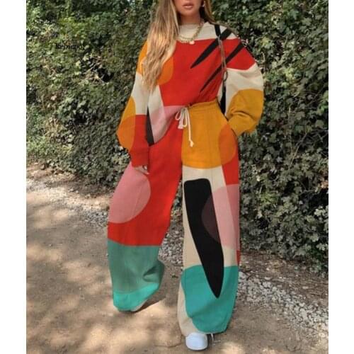 Europe America Harajuku Women Casual Round Collar Outfit Graffiti Print Hoodie Suit Home Long Sleeve Bandage Loose Pants