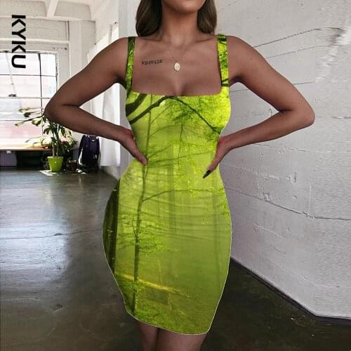 KYKU Forest Dress Women Tree Sundress Landscape 3d Print Green Ladies Dresses Womens Clothing Plus Size Beach Boho High Quality