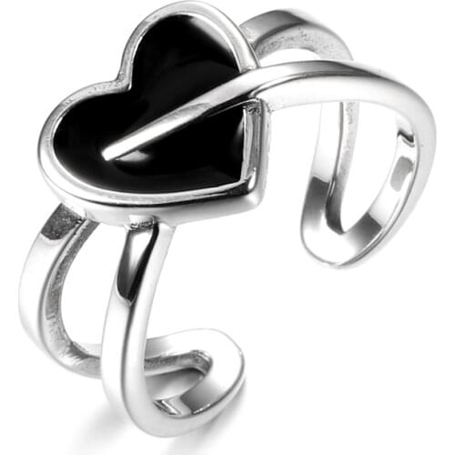 Kinel Minimalism 100% 925 Sterling Silver Heart Rings for Women Adjustable Size Finger Black Enamel Ring Wedding Band Jewelry