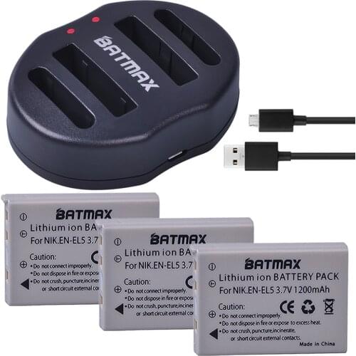 3.7v 1200mAh EN-EL5 Li-ion Digital Camera Battery(3PACK)+EN EL5 Battery Charger For Nikon Coolpix P90 P500 P510 P520