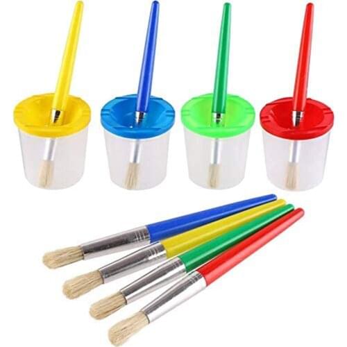 4pcs Paint Brushes and 4pcs No Spill Paint Cups with Lids for Kids Beginners