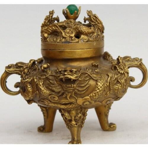 5" Chinese Feng Shui Brass Nine Dragon Play Bead 3 Foot Incense Burner Censer S0705