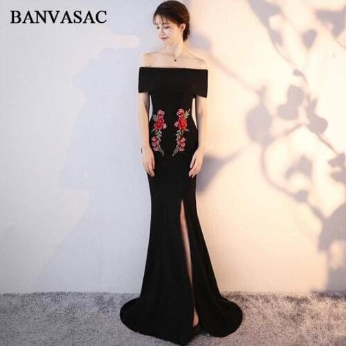 BANVASAC Boat Neck Lace Flowers Embroidery Split Mermaid Long Evening Dresses 2018 Sweep Train Backless Party Prom Gowns